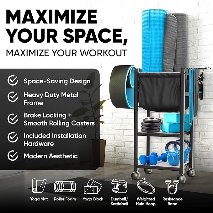 Multifunctional Home Gym Storage Rack - Metal Exercise Equipment Storage w/Wooden Shelf, Hooks & Black Yoga Mat Home Gym Organizer Basket - 88LBS Max Cap Weight Rack for Dumbbells & More