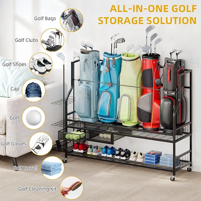 DWVO Golf Bag Organizer for Garage, Golf Storage Organizer w/Wheels for Garage Club and Shed, Golf Bag Storage Rack w/Drawer for Golf Bags, Clubs, Balls and Other Equipment Accessories