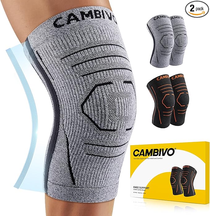 CAMBIVO Knee Brace for Women and Men with Side Stabilizer 2 Pack, Lightweight Knee Compression Sleeves for Knee Pain Relief, Running, Workout and Daily Activities โ Essential Series (Gray, Medium)