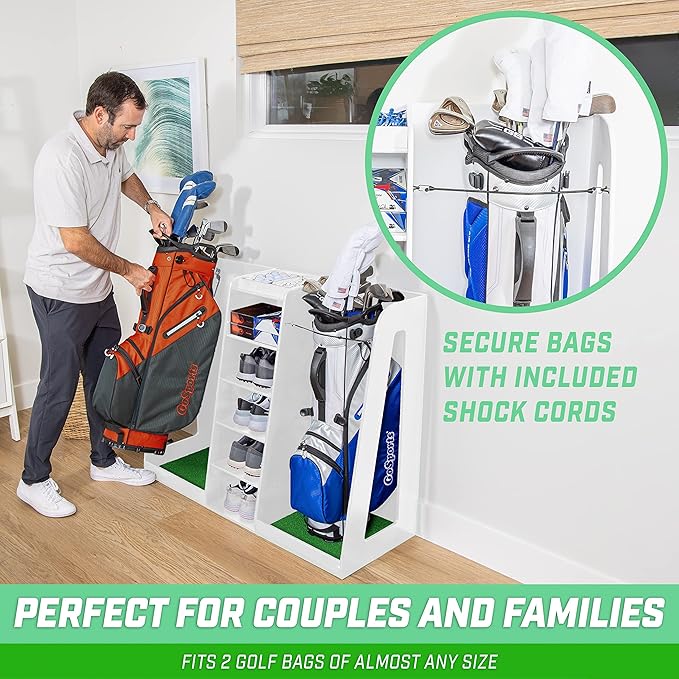 GoSports Premium Wooden Golf Bag Organizer and Storage Rack - Black, White or Brown Finish - Holds 2 Golf Bags