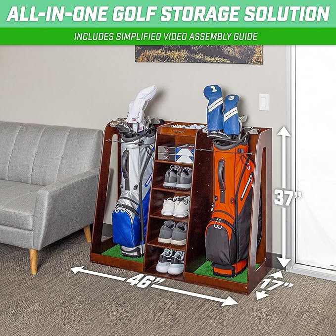 GoSports Premium Wooden Golf Bag Organizer and Storage Rack - Black, White or Brown Finish - Holds 2 Golf Bags