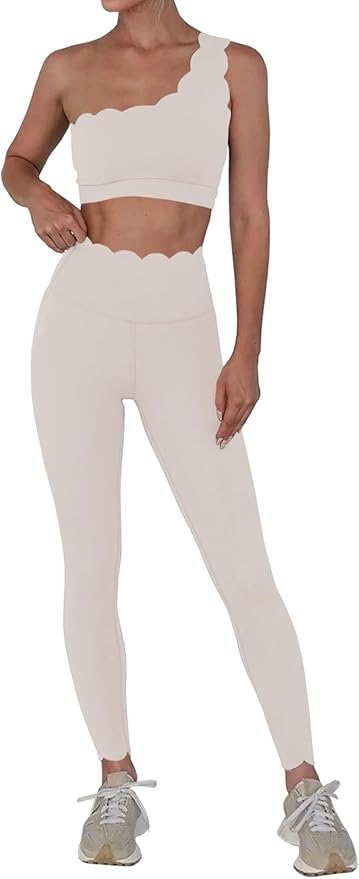 Fisoew Workout Sets for Women 2 Piece High Waisted Leggings with One Shoulder Stretchy Sports Bra Gym Tracksuits
