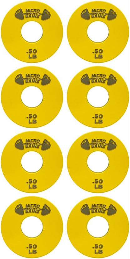Micro Gainz Standard 1-Inch Center Hole Yellow .50LB Fractional Weight Plates 8 Piece Set- Designed for Standard 1-Inch Barbells and Dumbbells, Made in USA