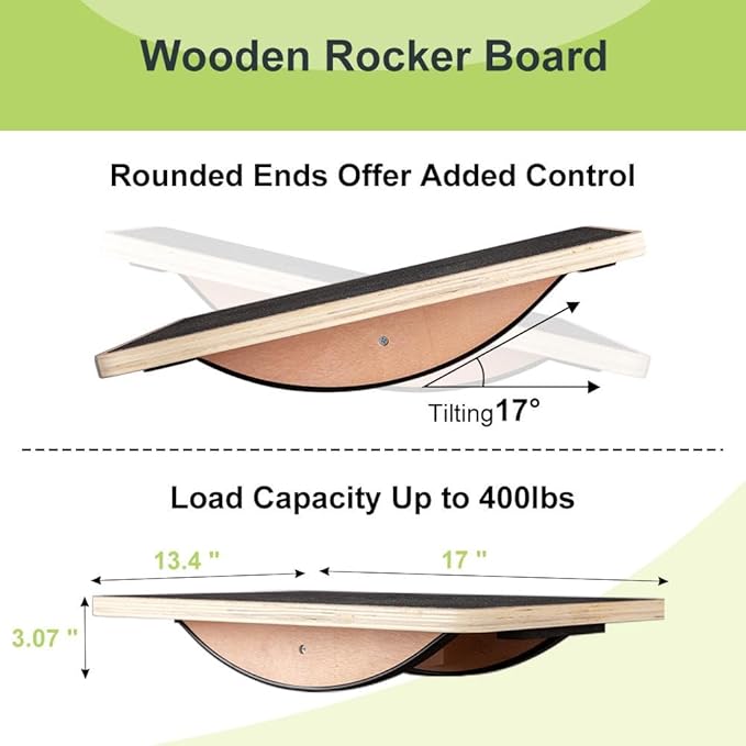 Wooden Rocker Balance Board, 17" x 13.4", Dual-Direction Wobble with 17° Tilt, Non-Slip Core & Stability Trainer for Adults, Seniors, Rehab & Office – Supports 400 lbs, Ideal for Home & Gym