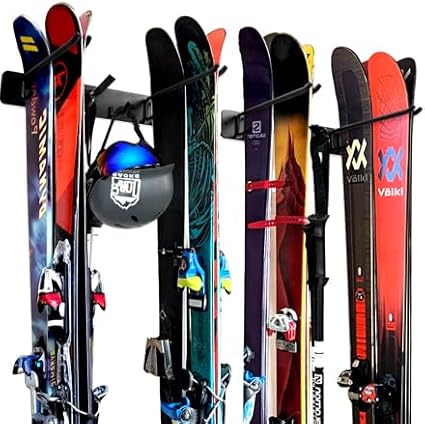 Wall Mount Ski Storage Rack,Garage Snowboard Storage Organizer 8 Pairs Metal Hooks Indoor Outdoor System Organization