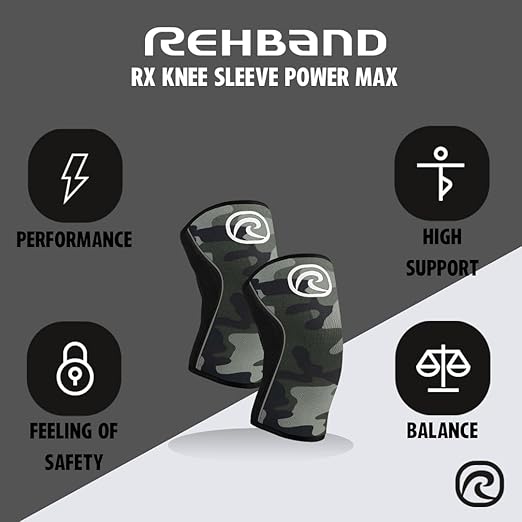Rehband 7mm knee sleeve Power Max, knee support neoprene for bodybuilding, powerlifting, crossfit & heavy lifting, Colour:Camo, Size:XS