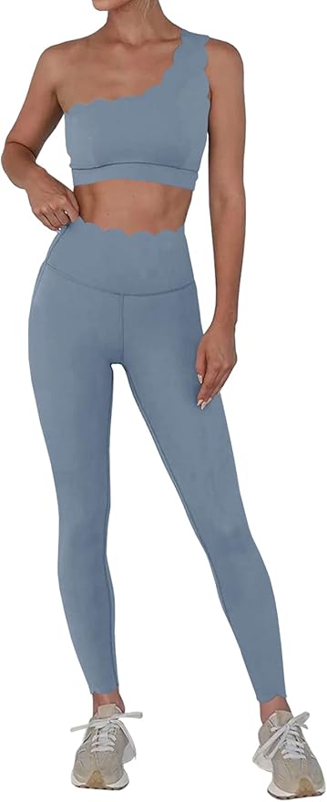 Fisoew Workout Sets for Women 2 Piece High Waisted Leggings with One Shoulder Stretchy Sports Bra Gym Tracksuits