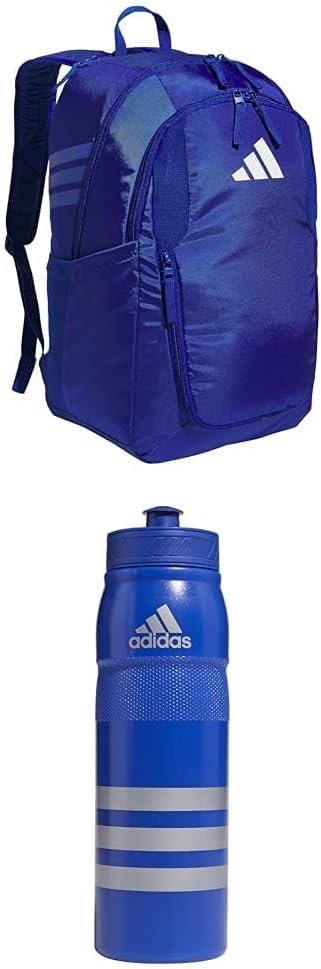 adidas Stadium Team Backpack (36L) + 750 ml (28 oz) Refillable Plastic Sport Water Bottle, Royal Blue + Bold Blue/Silver Metallic, One Size