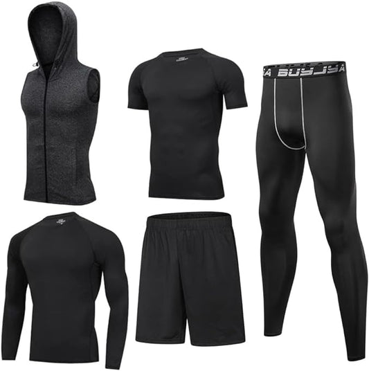 BUYJYA 5Pcs Men's Compression Pants Shirt Top Long Sleeve Jacket Athletic Sets Gym Clothing Mens Workout