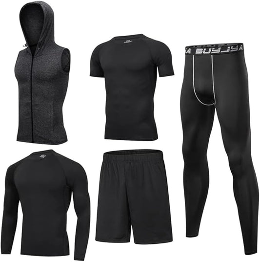 BUYJYA 5Pcs Men's Compression Pants Shirt Top Long Sleeve Jacket Athletic Sets Gym Clothing Mens Workout