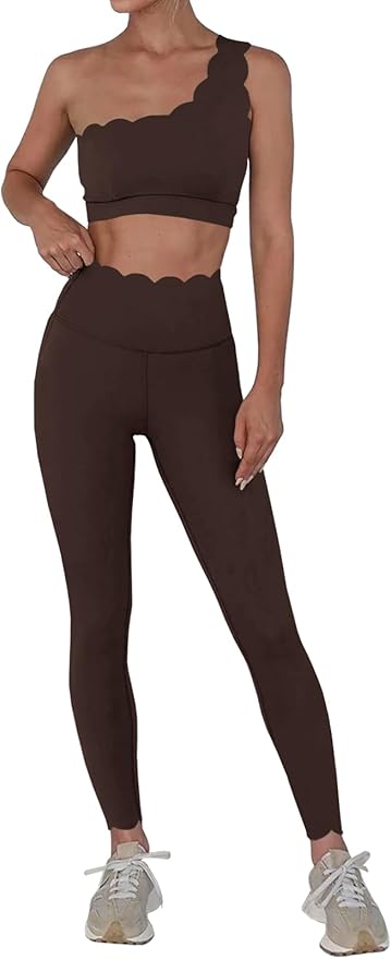 Fisoew Workout Sets for Women 2 Piece High Waisted Leggings with One Shoulder Stretchy Sports Bra Gym Tracksuits