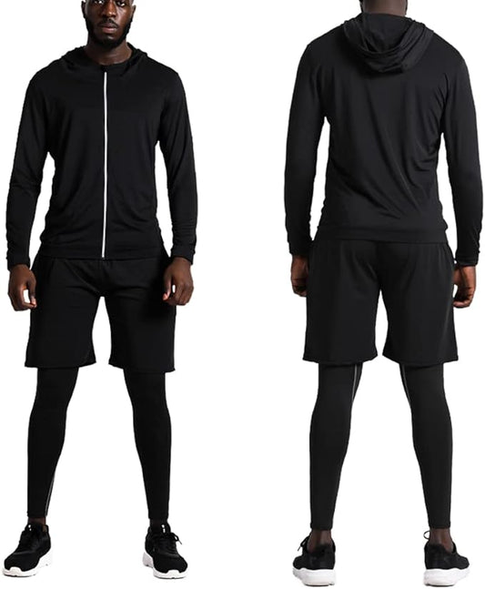 BUYJYA 5Pcs Men's Compression Pants Shirt Top Long Sleeve Jacket Athletic Sets Gym Clothing Mens Workout