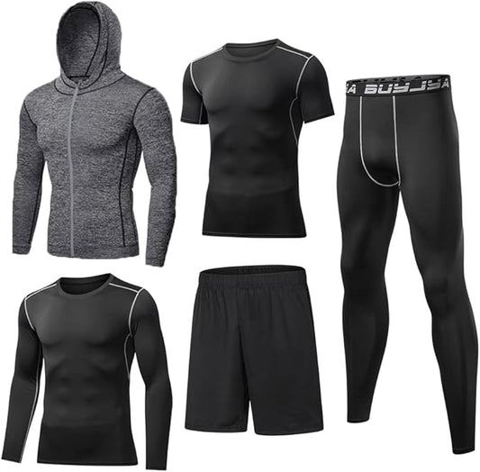 BUYJYA 5Pcs Men's Compression Pants Shirt Top Long Sleeve Jacket Athletic Sets Gym Clothing Mens Workout