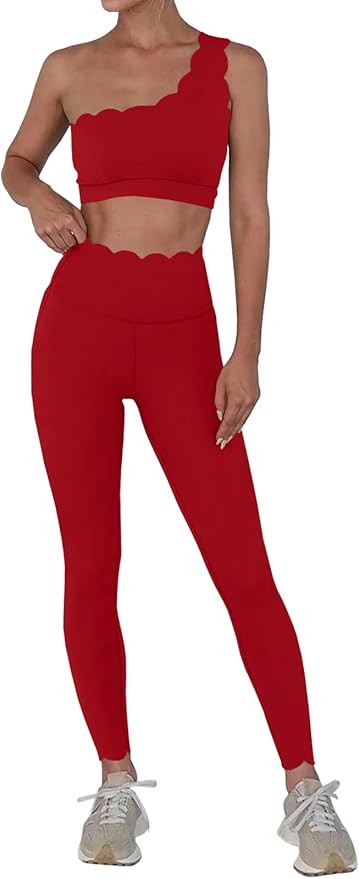 Fisoew Workout Sets for Women 2 Piece High Waisted Leggings with One Shoulder Stretchy Sports Bra Gym Tracksuits