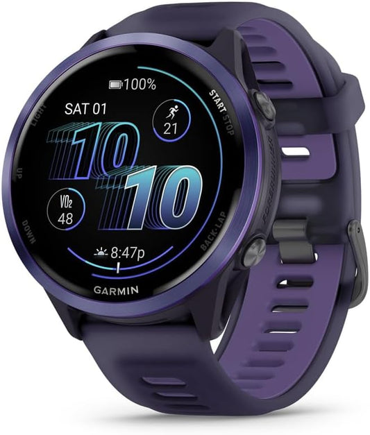Garmin 010-02971-02 Forerunner 570-47mm GPS Smartwatch, Aluminum and Purple/Indigo Band Bundle with Deco Essentials Charging Dock, 3X Silicone Dust Cover and USB Type C Charging and Sync Cable