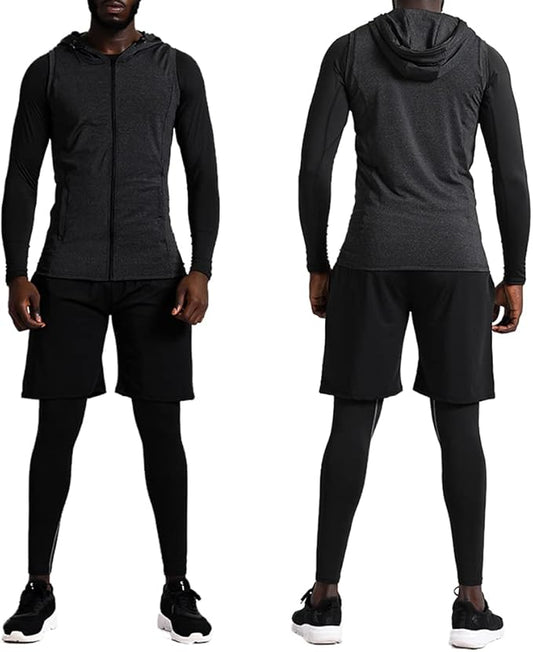 BUYJYA 5Pcs Men's Compression Pants Shirt Top Long Sleeve Jacket Athletic Sets Gym Clothing Mens Workout