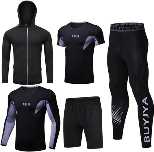 BUYJYA 5Pcs Men's Compression Pants Shirt Top Long Sleeve Jacket Athletic Sets Gym Clothing Mens Workout
