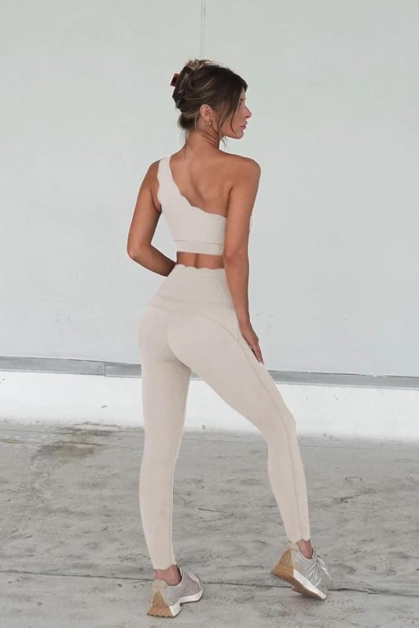 Fisoew Workout Sets for Women 2 Piece High Waisted Leggings with One Shoulder Stretchy Sports Bra Gym Tracksuits