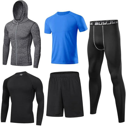BUYJYA 5Pcs Men's Compression Pants Shirt Top Long Sleeve Jacket Athletic Sets Gym Clothing Mens Workout