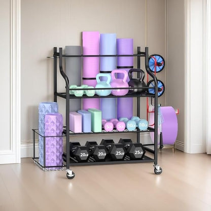 Mythinglogic Yoga Mat Storage Racks,Home Gym Storage Rack for Dumbbells Kettlebells Foam Roller, Yoga Strap and Resistance Bands, Workout Equipment Storage Organizer With Hooks and Wheels