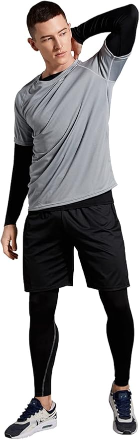 BUYJYA 5Pcs Men's Compression Pants Shirt Top Long Sleeve Jacket Athletic Sets Gym Clothing Mens Workout