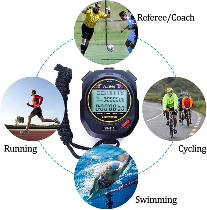 Sports Stopwatch Timer 10 Lap Split Memory Digital Stopwatch 12/24 Hour 3 Rows