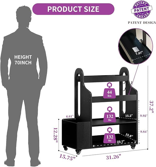 Weight Rack for Dumbbells, Home Gym Storage Rack Yoga Mat Holder with Wheels and Hooks, All in One Workout Storage for Yoga Mat, Foam Roller, Gym Organizer Storage for Home Exercise(Wood)