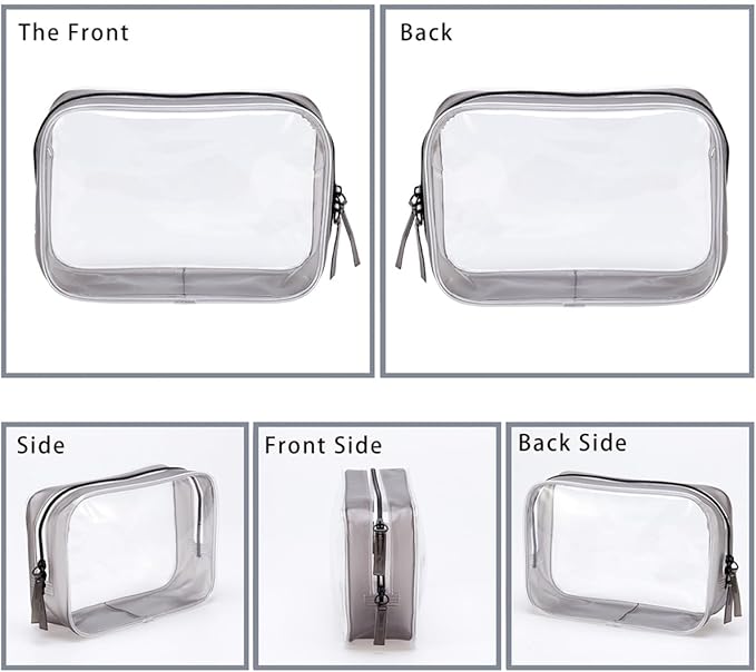 Clear Plastic Black Zippered Toiletry Carry Pouch TSA Approved Toiletry Bag Portable Cosmetic Makeup Bag for Vacation, Bathroom and Organizing (Black 3Pcs, Small)