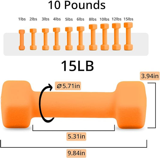 Portzon Weights Dumbbells 10 Colors Options Compatible with Set of 2 Neoprene Dumbbells Set,1-15 LB, Anti-Slip, Anti-roll, Hex Shape for Shoulder,Neck, and Hand Training for Seniors
