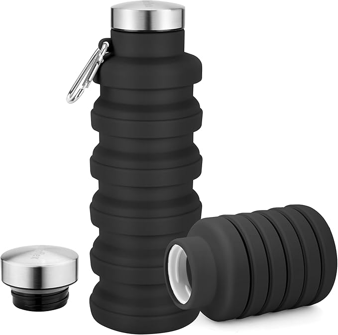 Collapsible Water Bottles 17oz, Portable Leak-Proof Travel Water Bottle, Reuseable BPA Free Silicone Foldable Water Bottle with Carabiner for Gym, Traveling, Camping, Hiking, Sports-Black