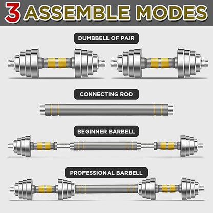 PHOEROS Adjustable Dumbbell Set - 44/66/88 LBS weights set, Dumbbell Barbell 3 in 1, Steel Dumbbells Pair with Connecting Rod for Adults Women Men Fitness Workout, Home Gym Exercise Training Equipment (44, Pounds)