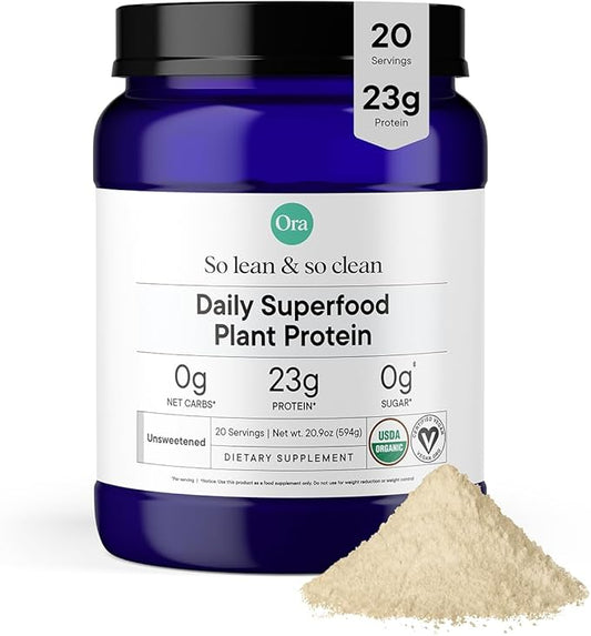 Ora Organic Vegan Protein Powder - 23g Plant Based Pea Protein + Superfood for Women and Men - Unsweetened 20 Servings, No Erythritol, Digestive Enzyme, Keto-Friendly, Gluten-Free, Paleo, Soy-Free
