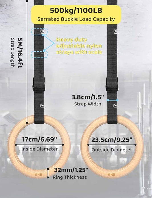 GHB Gymnastic Rings Wooden Gym Rings 1.25'' Training
