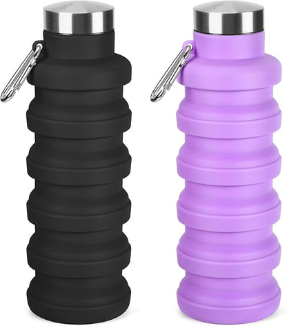 Collapsible Water Bottles 17oz, Portable Leak-Proof Travel Water Bottle, Reuseable BPA Free Silicone Foldable Water Bottle with Carabiner for Gym, Traveling, Camping, Hiking, Sports(Black+Purple)