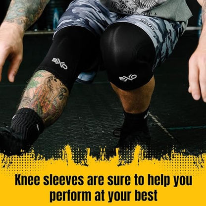 Exo Knee Compression Sleeves, Triple-Reinforcement Neoprene Sleeves for Women and Men, High-Performance Knee Compression Support for Squats, Weight Lifting, Powerlifting & Training Sleeve (7mm, Black)