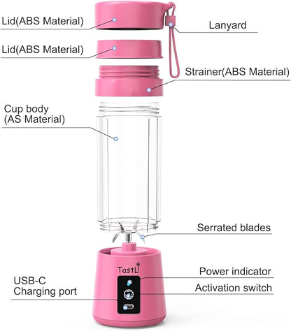 Portable Blender, Mini Personal Blender Bottles for shakes and smoothies，with USB Rechargeable On The Go Mixer Electric Blender juicer Cup for Fruit Juice Protein mixes (Pink)