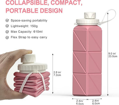 Collapsible Water Bottles 20.6oz, Silicone Foldable Portable Travel Water Bottle, Lightweight Reusable Leakproof for Traveling Camping Hiking Cycling Yoga Sports Outdoor, 1 Pack (Pink)