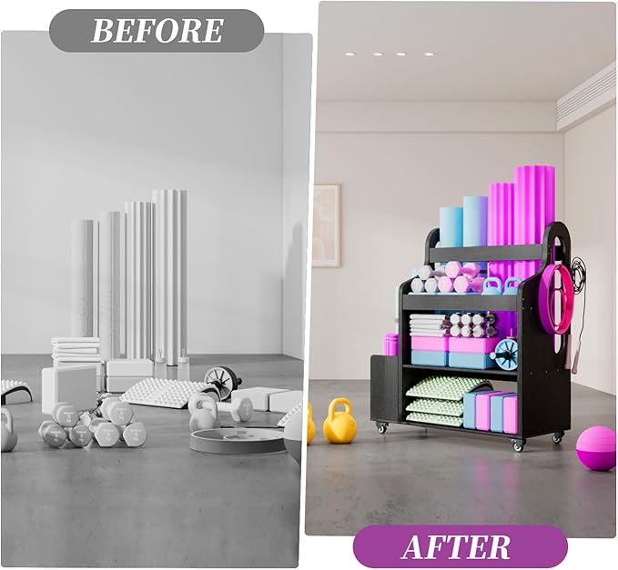 Weight Rack for Dumbbells, Home Gym Storage Rack Yoga Mat Holder with Wheels and Hooks, All in One Workout Storage for Yoga Mat, Foam Roller, Gym Organizer Storage for Home Exercise(Wood)