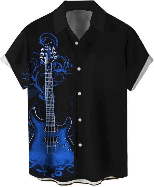 Music Shirts for Men Hawaiian Bowling Vintage Print Short Sleeve Casual Button Down Beach Big Tall Shirt