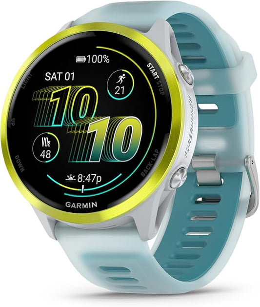 Garmin Forerunner 570 Running Smartwatch, 47MM WiFi, GPS Fitness Watch for Men and Women, Amp Yellow Aluminum with Translucent Whitestone/Turquoise Band + Access 600 Fitness Monitor, XS-S + More
