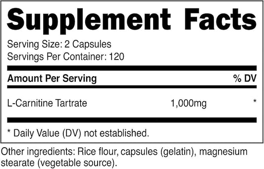 Nutricost L-Carnitine Tartrate 500mg, 240 Capsules - 1000mg Per Serving (3 Bottles)