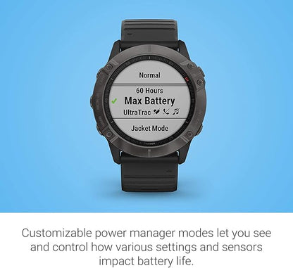Garmin fenix 6X Pro Solar, Premium Multisport GPS Watch with Solar Charging Capabilities, Features Mapping, Music, Grade-Adjusted Pace Guidance and Pulse Ox Sensors, Dark Gray with Black Band