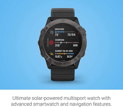 Garmin fenix 6X Pro Solar, Premium Multisport GPS Watch with Solar Charging Capabilities, Features Mapping, Music, Grade-Adjusted Pace Guidance and Pulse Ox Sensors, Dark Gray with Black Band