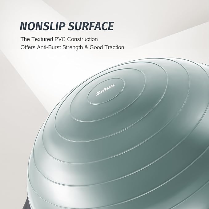 ZELUS 25in. Balance Ball | 660lb Inflatable Half Exercise Ball Wobble Board Balance Trainer w Nonslip Base | Half Yoga Ball Strength Training Equipment w 2 Bands, Pump, Extra Ball Included