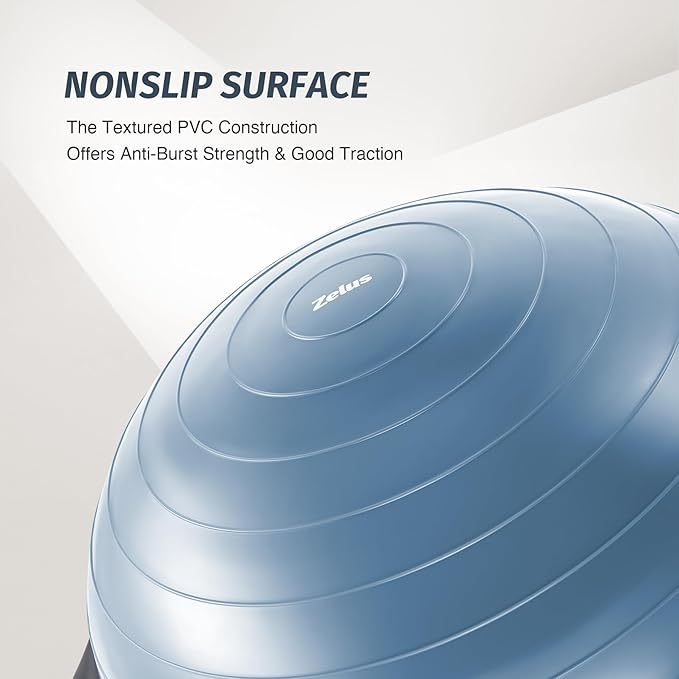 ZELUS 25in. Balance Ball | 660lb Inflatable Half Exercise Ball Wobble Board Balance Trainer w Nonslip Base | Half Yoga Ball Strength Training Equipment w 2 Bands, Pump, Extra Ball Included