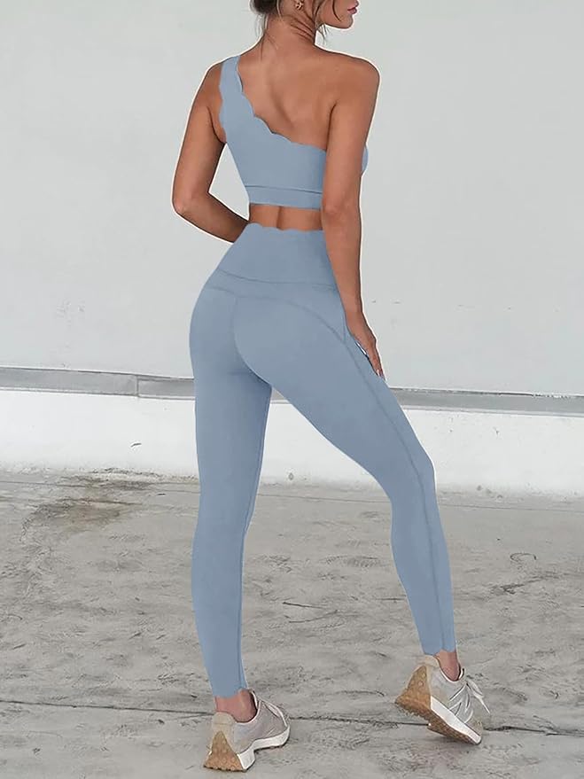 Fisoew Workout Sets for Women 2 Piece High Waisted Leggings with One Shoulder Stretchy Sports Bra Gym Tracksuits