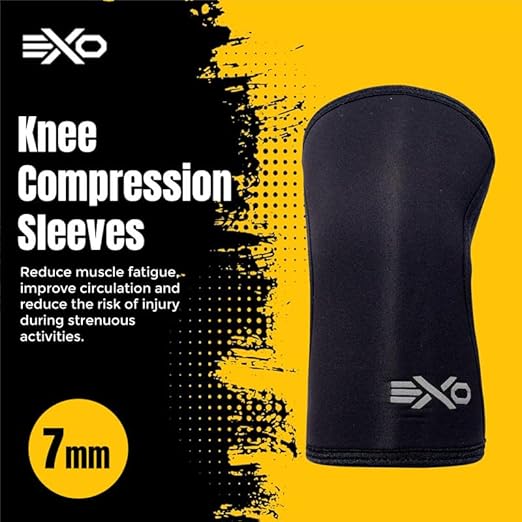 Exo Knee Compression Sleeves, Triple-Reinforcement Neoprene Sleeves for Women and Men, High-Performance Knee Compression Support for Squats, Weight Lifting, Powerlifting & Training Sleeve (7mm, Black)