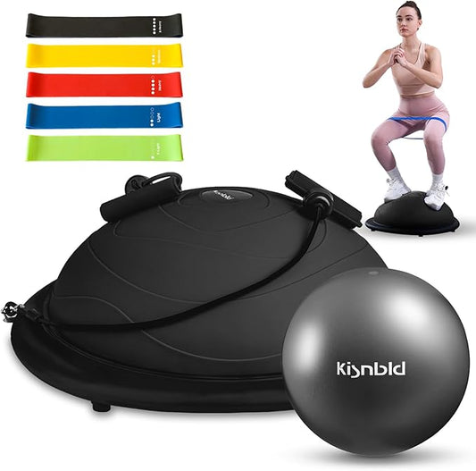 Half Balance Ball Trainer, Inflatable Half Exercise Ball Balance Trainer with Pilates Ball & Resistance Bands, Non-Slip Half Yoga Ball for Home Gym Full Body Workouts