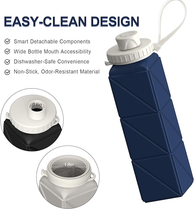Collapsible Water Bottles 20.6oz, Silicone Foldable Portable Travel Water Bottle, Lightweight Reusable Leakproof for Traveling Camping Hiking Cycling Yoga Sports Outdoor, 1 Pack (Dark Blue)
