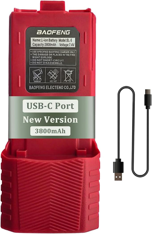 BAOFENG UV-5R Radio Battery Extended 3800mAh USB-C Charging BF-F8HP New BF-F8 Rechargeable Bl-5 Two